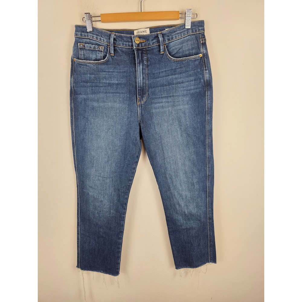 Frame Le Sylvie Crop Jeans Mellencamp Blue High Rise Raw Hem LSYC415 Size 30